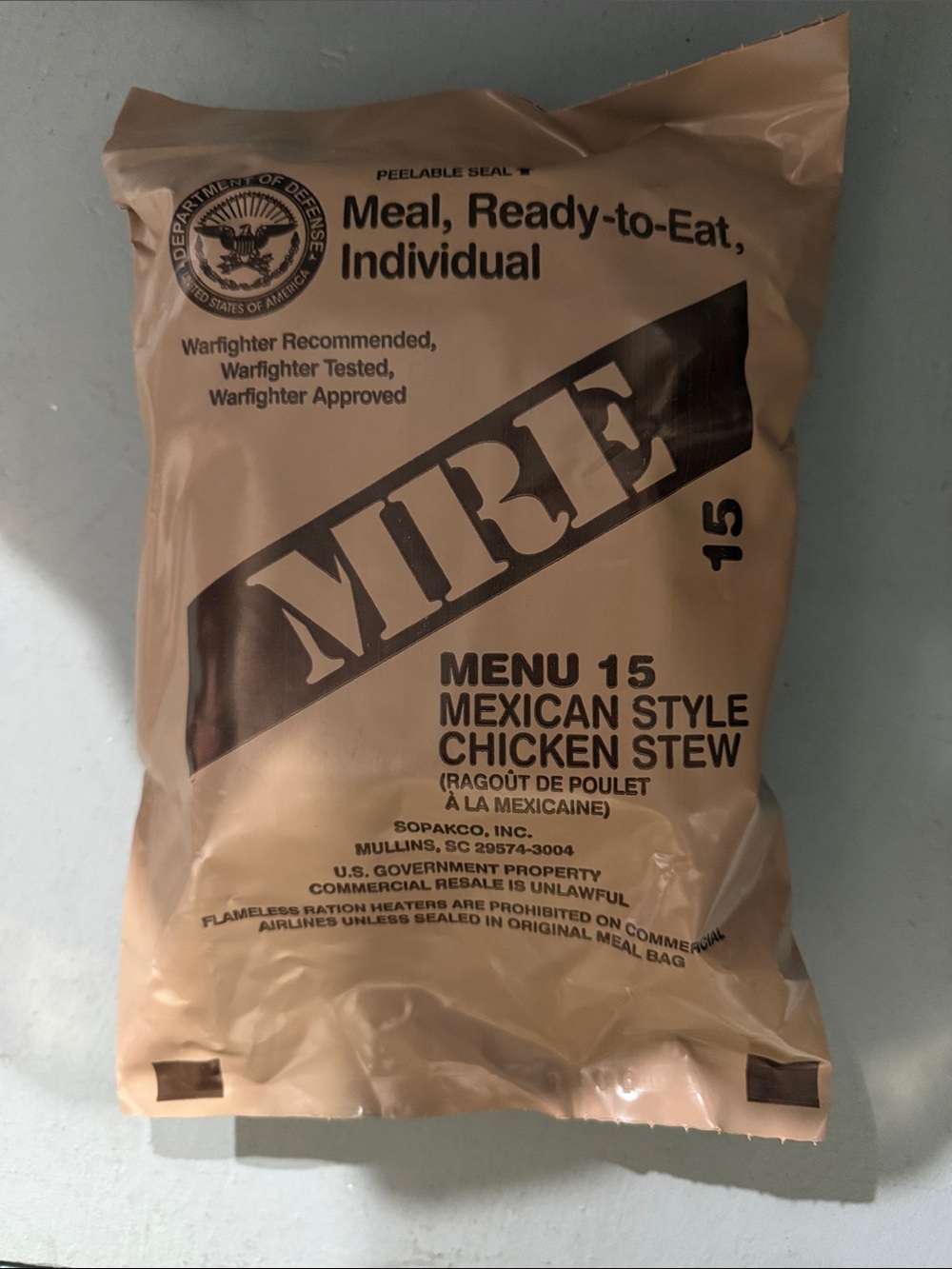 MRE Menu 15 Mexican Style Chicken Stew survival Ready-to-Eat Meal